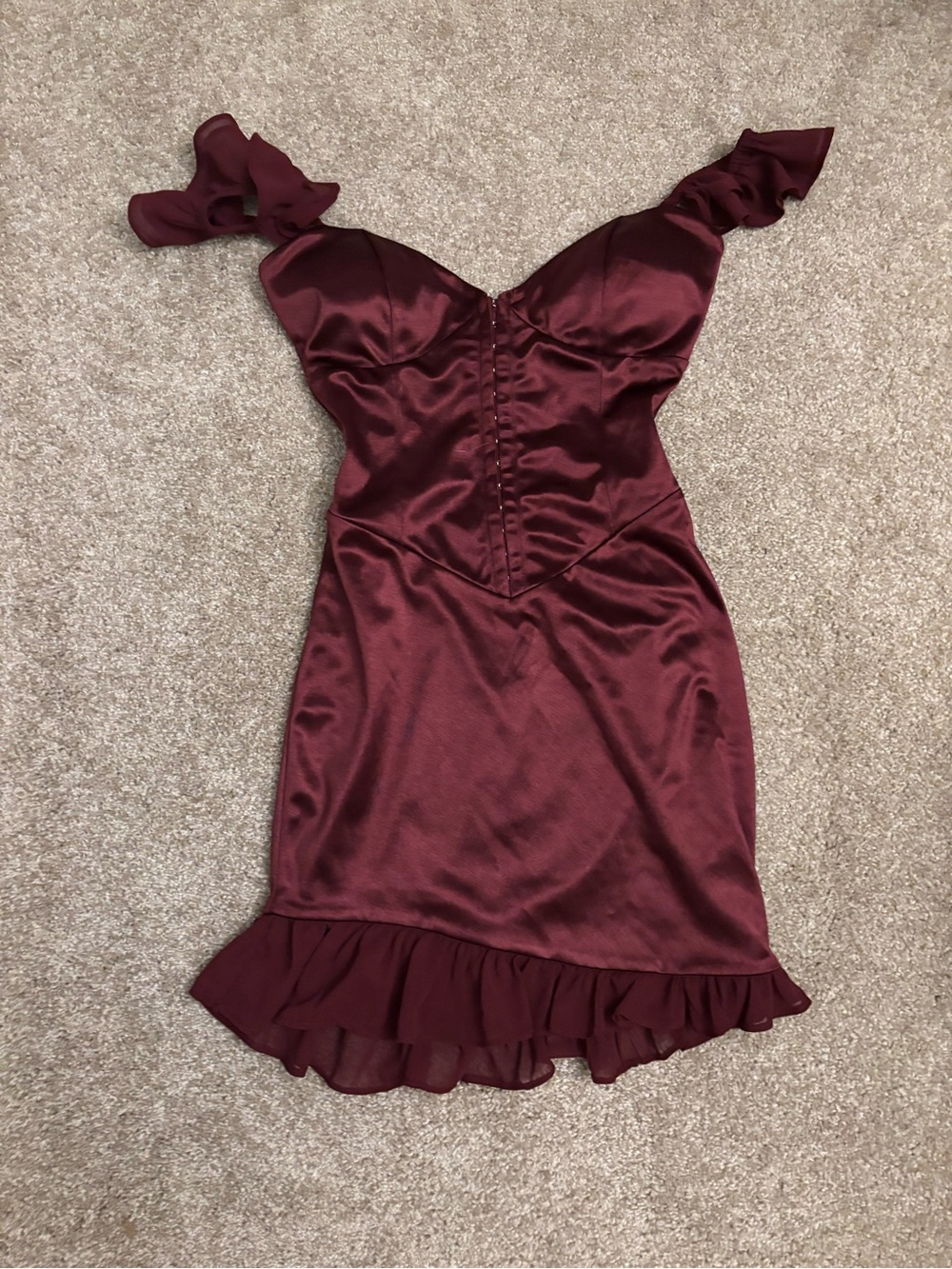Windsor Women's Burgundy Satin Corset Ruffle-Hem Dress